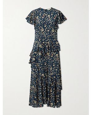 Ulla Johnson Amaia Midikleid Aus Crêpe De Chine Aus Seide Mit Blumenprint Und Rüschen - Blau