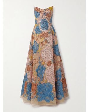 Elie Saab Strapless Belted Sequin-Embellished Embroidered Tulle Gown - Blue