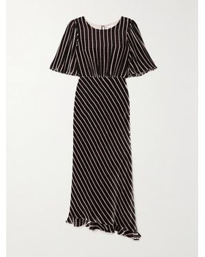 Saloni Vida Asymmetric Striped Velvet-Jacquard Midi Dress - Black