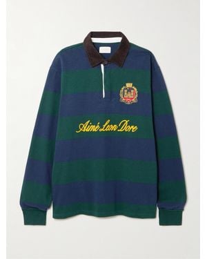 Aimé Leon Dore Script Embroidered Printed Striped Corduroy-Trimmed Cotton Rugby Shirt - Blue