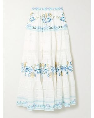 CAMILLA My Homespun Heart Lace-Trimmed Embroidered Printed Tiered Cotton And Silk-Blend Maxi Skirt - Blue