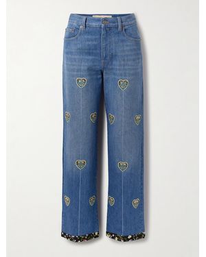 Valentino Garavani Embroidered Embellished High-Rise Straight-Leg Jeans - Blue
