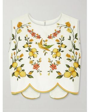 FARM Rio Lemon Bouquet Embroidered Linen-Blend Blouse - Metallic