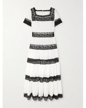 Loretta Caponi Tiered Lace-Trimmed Cotton-Poplin Midi Dress - White