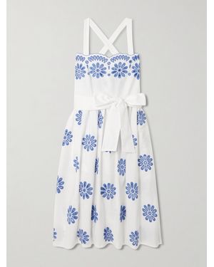 Loretta Caponi Belted Scalloped Broderie Anglaise Cotton Midi Dress - Blue