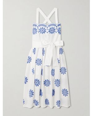 Loretta Caponi Belted Scalloped Broderie Anglaise Cotton Midi Dress - Blue