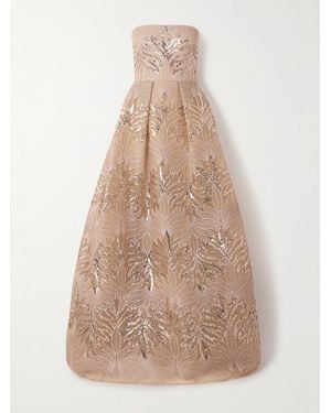 Elie Saab Pleated Sequined Embroidered Tulle Gown - Natural