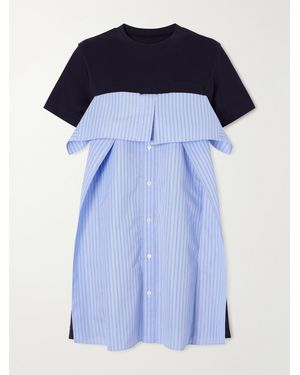 Sacai Panelled Ruffled Cotton-Jersey And Poplin Mini Dress - Blue