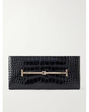 Tom Ford Arc T-Embellished Croc-Effect Leather Clutch - Black