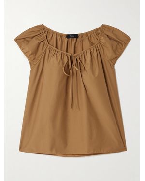 Theory Tie-Neck Cotton-Blend Poplin Blouse - Brown