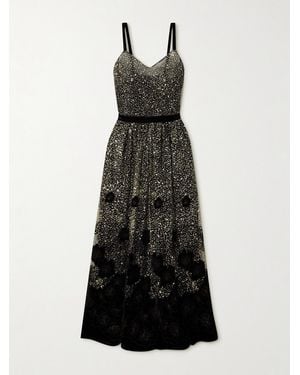 Loretta Caponi Primula Embellished Metallic Velvet-Trimmed Tulle Maxi Dress - Black