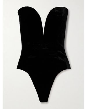 Alessandra Rich Strapless Bow-Embellished Velvet Thong Bodysuit - Black