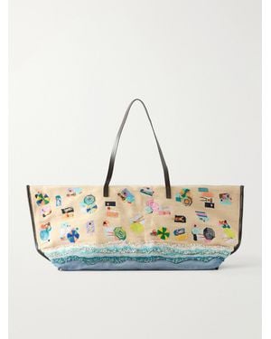 STAUD Christos Large Leather-Trimmed Embroidered Bead-Embellished Canvas Tote - Blue