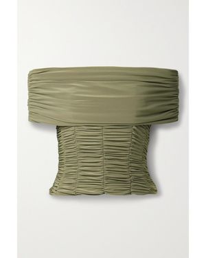 Tibi Convertible Off-The-Shoulder Ruched Jersey Top - Green