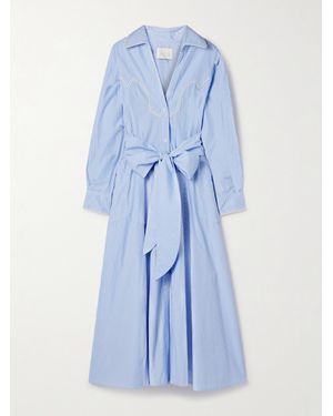 Johanna Ortiz Vela De Cruz Belted Embroidered Striped Poplin Midi Shirt Dress - Blue