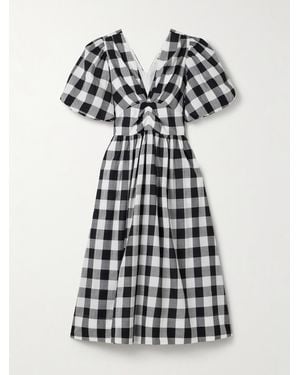 Sea Gathered Gingham Cotton-Poplin Midi Dress - White