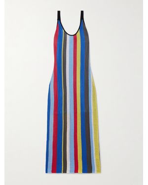 STAUD Jessica Striped Crocheted Cotton Midi Dress - Blue
