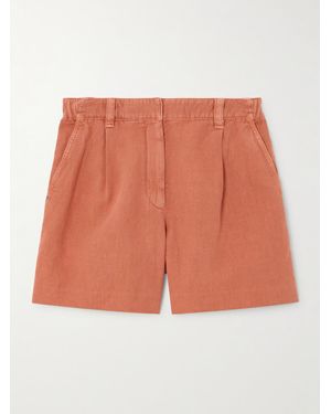 Brunello Cucinelli Bead-Embellished Pleated Cotton And Linen-Blend Twill Shorts - Orange
