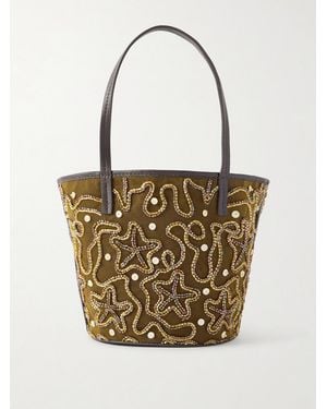 STAUD Caro Leather-Trimmed Embellished Tote Bag - White