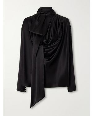 Balmain Scarf-Detailed Gathered Silk-Satin Blouse - Black