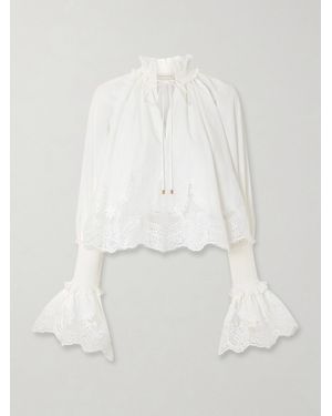 Zimmermann Lace-Trimmed Shirred Cotton Blosue - White
