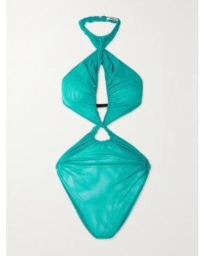 Supriya Lele Backless Cutout Ruched Mesh Halterneck Bodysuit - Blue