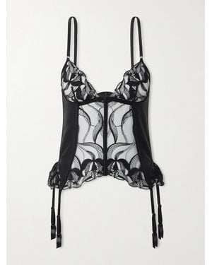 Kiki de Montparnasse Merry Widow Embroidered Tulle-Paneled Stretch-Silk Corset - Black