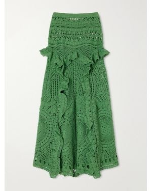 Ulla Johnson Floretta Ruffled Crocheted Cotton Midi Skirt - Green