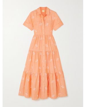 Erdem Helena Oversized Tiered Embroidered Cotton-Blend Gauze Maxi Shirt Dress - Orange