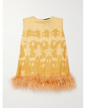 ‎Dima Ayad Feather-Trimmed Tie-Dyed Satin Top - Yellow
