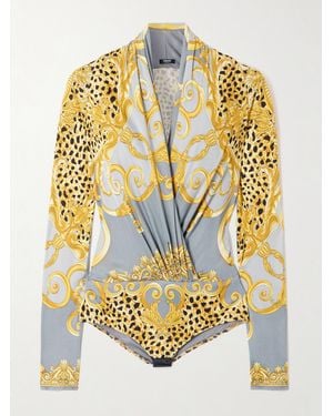 Versace Draped Printed Satin-Jersey Bodysuit - Metallic