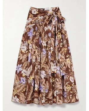 Zimmermann Coco Belted Pleated Floral-Print Cotton-Voile Maxi Skirt - Brown