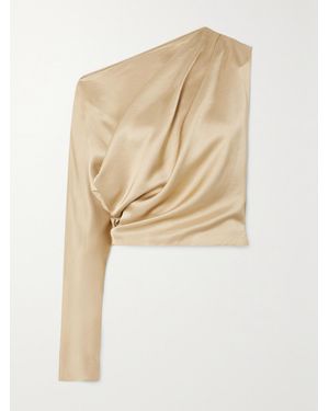 Esse Studios Gilded Cascade Cropped One-Shoulder Draped Satin Top - Natural