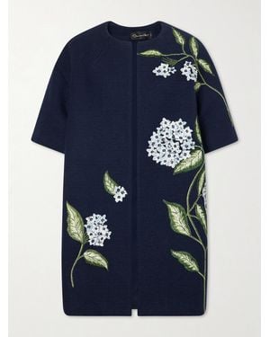 Oscar de la Renta Embellished Embroidered Cotton-Blend Tweed Coat - Blue