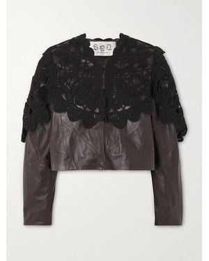 Sea Gwen Cropped Scalloped Crochet-Trimmed Leather Jacket - Black