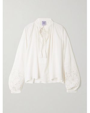 Thierry Colson Gathered Broderie Anglaise Linen And Cotton-Blend Blouse - White