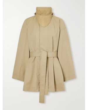 Bottega Veneta Belted Intrecciato Leather-Trimmed Cotton-Gabardine Trench Coat - Natural