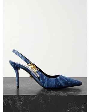 Versace Embellished Printed Denim Slingback Pumps - Blue