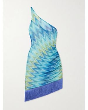 Missoni One-Shoulder Fringed Printed Tulle Mini Dress - Blue