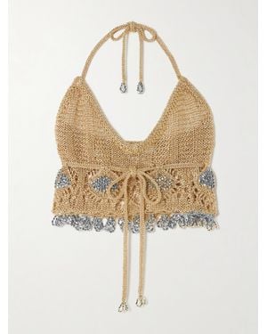 Rabanne Bead-Embellished Crocheted Cropped Top - White