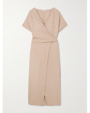 Brunello Cucinelli Bead-Embellished Woven Midi Wrap Dress - Natural