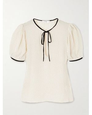 FRAME Velvet-Trimmed Polka Dot Silk-Chiffon Blouse - Natural