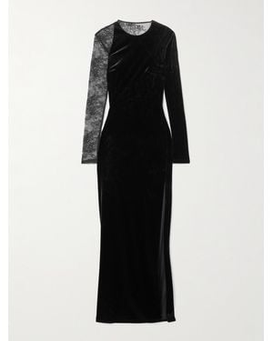 Self-Portrait Lace-Paneled Velvet Maxi Dress - Black