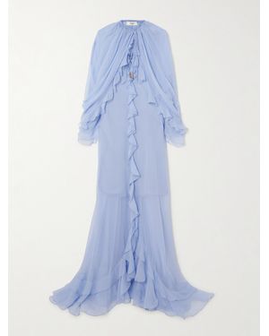 Chloé Robe Aus Seiden-Krepon Mit Volants, Freier Rückenpartie Und Cape-Effekt - Blau