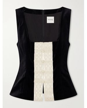 Posse Florian Embroidered Satin-Trimmed Cotton-Velvet Top - Black