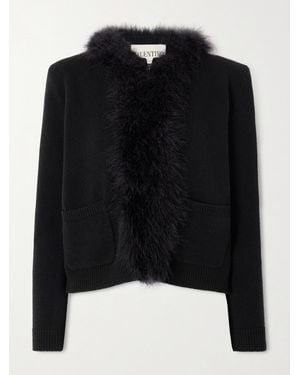Valentino Garavani Feather-Trimmed Wool Cardigan - Black