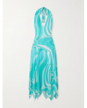 PUCCI Printed Silk Twill-Trimmed Crepe-Jersey Halterneck Midi Dress - Blue