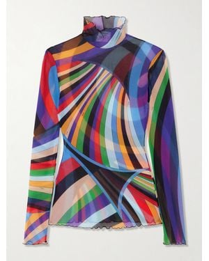 Emilio Pucci Iride Printed Stretch-Tulle Turtleneck Top - Blue