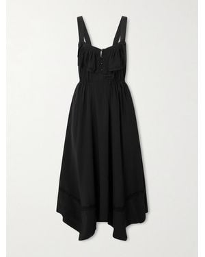 Maison Mayle Asymmetric Ruffled Lace-Trimmed Silk Crepe De Chine Midi Dress - Black
