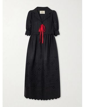 Vita Kin Bari Tie-Detailed Broderie Anglaise-Trimmed Linen Midi Dress - Black